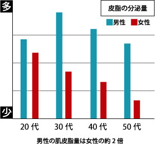 男性の肌皮脂量は女性の約２倍